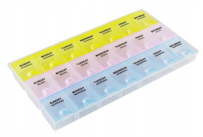 CHPN - Pillendoos - 7 dagen - 3 dagdelen - Engels - 7 Dagen - 3 Vakken - Met Dekseltjes - Week - Medicatiedoosje - Compacte pillen doos - Sorteerdoos voor pillen
