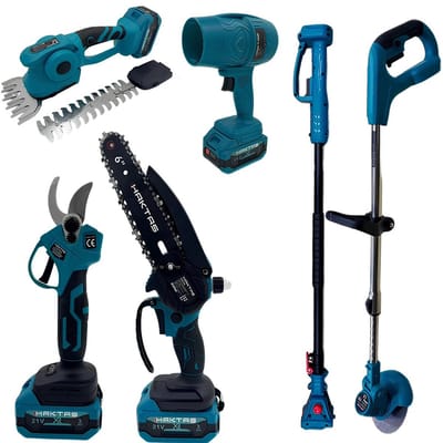 Tuingereedschap 6-in-1 Accu Set 21V – Mini Kettingzaag, Heggenschaar, Snoeischaar & Grastrimmer – Draadloos Professioneel Tuin Gereedschap met Accu en Oplader