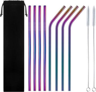 RVS rietjes - Set van 8 herbruikbare rietjes - 4 recht 4 gebogen - 21 cm - Stijlvol - Incl 2 schoonmaakborstels en bewaarzak - Multicolor