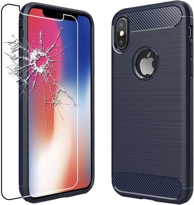 ebestStar - Hoes geschikt voor iPhone X, iPhone XS Apple, TPU Bescherming Cover, Koolstof Design Hoesje, Donkerblauw + Gehard Glas