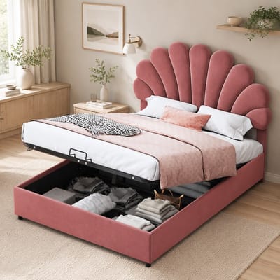 Gestoffeerd bed 140x200 cm - Tweepersoonsbed 140x200 cm - Hoofdbord met Fluwelen stof - Bloemblad-vormig hoofdbord - Houten Lattenbodem - Met Opbergruimte - Roze