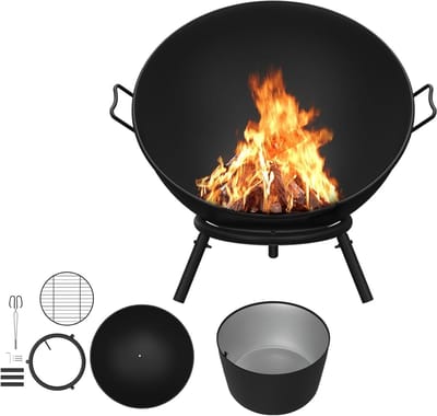 Froadp Vuurkorf, 60 cm, rond, van staal, met houten rooster en accessoires, weerbestendige vuurschaal voor tuin, terras, camping, eenvoudig te monteren