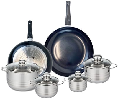 Set van 2 Koekenpannen 28 en 32 cm en 4 kookpotten 12, 14, 16 en 20 cm Elo Prima Brillant