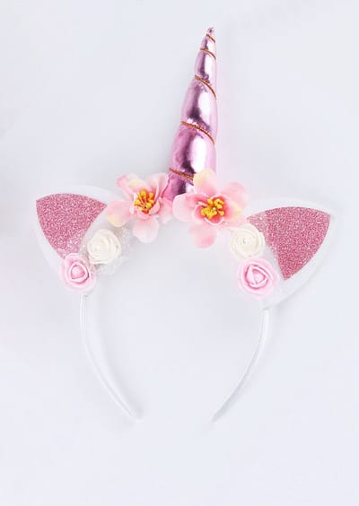 KIMU® Eenhoorn Haarband Lichtroze - Unicorn Diadeem Met Oortjes En Bloemetjes - Roze Hoorn Bloemen Wit Roze Festival