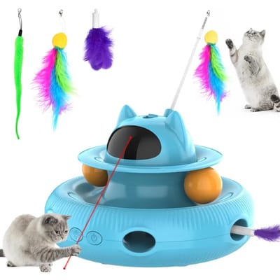 Interactive 4-in-1 Cat Toy Rechargeable Feather Stick Laser Trackball Retractable Feather Popular Indoor Toys  Cats bleu