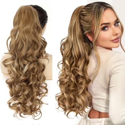Ponytail Hairpiece met Klem en Claw Clip - 66 cm Lange Volumineuze Golvende Staart, Middelblond met Blonde Strepen voor Vrouwen