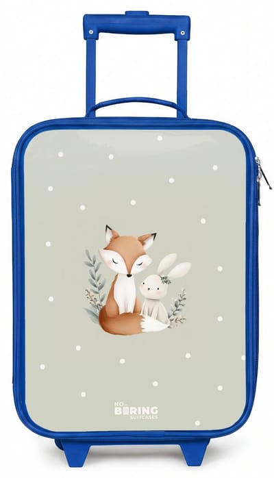 NoBoringSuitcases.com® - Kinderkoffer blauw - Kindertrolley jongen - Vos en konijn omringd door groene blaadjes en stippen - Koffer kind lichtgewicht - Reiskoffer trolley voor kinderen - Koffertje met lichtgevende wieltjes - Rolkoffer