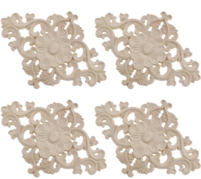 Allecto - Houten Appliques - Decoratieve Bloemvorm - Ongeschilderd en Aanpasbaar - 4 Stuks - Ideaal voor Meubilair en Wanddecoratie - 15x10.5cm