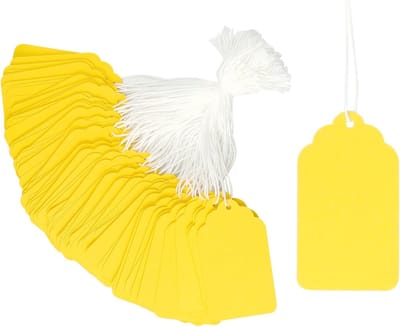 LISM-200 prijskaartjes, papieren cadeaubonnen met touwtjes, blanco stiften, beschrijfbare etiketten, hanglabels en gele displaylabels.