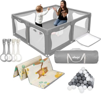 Elissio® - Grondbox Baby – Inclusief Dubbelzijdige Speelmat – Baby Speelbox met 50x Speelballen - Kinderbox - Playpen 4 trekringen - 180x150 CM - Grijs