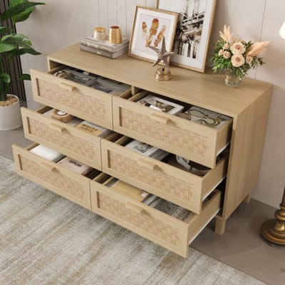 Elegant dressoir en commode van massief hout 120x40x75 cm – 6 lades met rotanlook, veel opbergruimte, ideaal voor slaapkamer