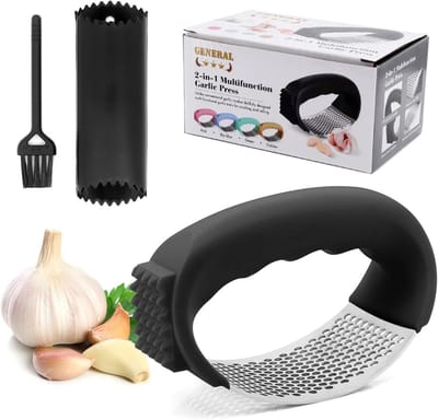 Garlic press set van roestvrij staal, knoflookpers en schiller in één, ergonomisch ontwerp, eenvoudig te reinigen en te gebruiken met schoonmaakborstel.
