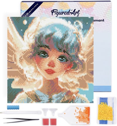 Figured'Art Mini Diamond Painting set Volwassenen 25x25 cm met lijst Lief Klein Engeltje - 5D DIY Art full drill ronde diamant - Canvas al ingelijst