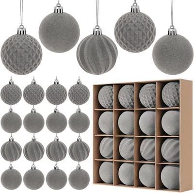 16 Stuks Fluwelen Kerstballen Set, Vooraf Bevestigde Schokbestendige Plastic Versieringen, Kerstdecoraties voor Feestdagen en Feestjes (Grijs, 6 cm)