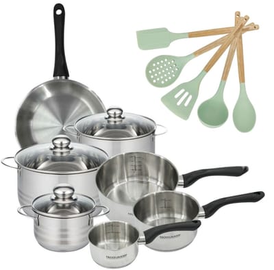 Set van 3 Braadpannen 16/20/24 cm en 3 Steelpannen 12/16/20 cm Fackelmann Geneva met Koekenpan 24 cm en 5 Ocean keukengerei