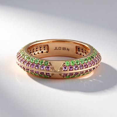 Cavill - 925 Zilver met Roségoud Verguld - Ring met 1,06 ct Ceylon Roze Saffier & 0,837 ct Tsavoriet - Moderne Brede Pavé Ring