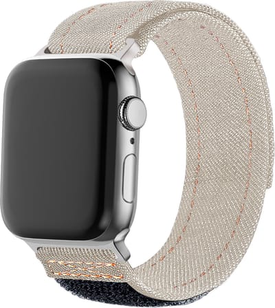 Bandz Nylon 'Denim' bandje met klittenbandsluiting - geschikt voor Apple WatchSeries 1/2/3/4/5/6/7/8/9/10/11/SE/SE2/SE3/Ultra (2) - maat: 44mm / 45mm / 46mm / 49mm (beige)