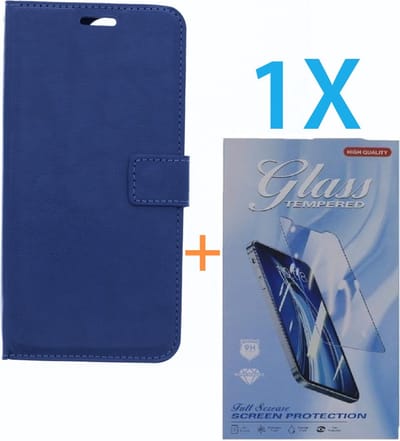 Bookcase Geschikt voor: Apple iPhone 16 Pro Max - Blauw - portemonnee hoesje - + 1X Tempered Glass Screenprotector