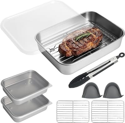 6-delige airfryer accessoireset - roestvrijstalen ovenschaal, grillrooster, tang en handschoenen