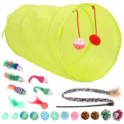 Kattenveer Speelgoedset Interactief Kattenspeelgoed Kittenspeelgoed Assortimenten Inclusief Tunnel Kattenstok Ballen Belletjes en Muizen white