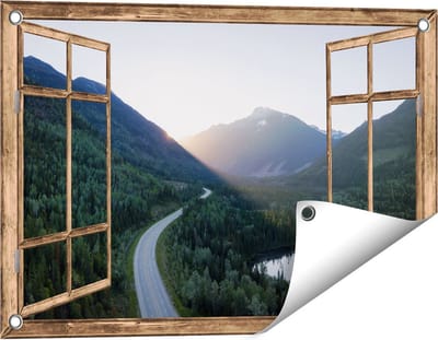 Gards Tuinposter Doorkijk Weg Door het Bergen Landschap - 60x40 cm - Tuindoek - Tuindecoratie - Wanddecoratie buiten - Tuinschilderij