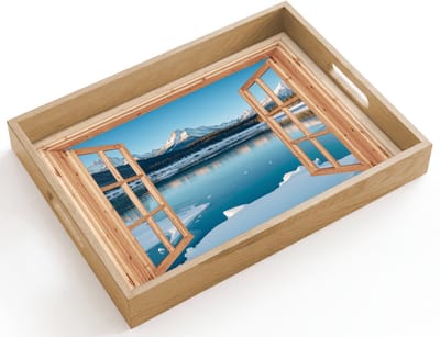 Dienblad hout 40x30 cm - Schootdienblad - Doorkijk - Landschap - Winter - Meer - Bergen - Uitzicht - Borrelplank rechthoek - Plateau dienbladen