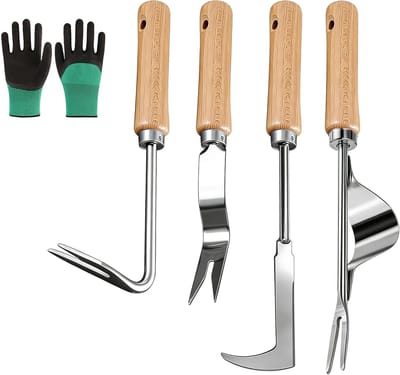 Handmatige Onkruidsteker Set - Roestvrij Staal - 4 Stuks - Duurzaam Tuingereedschap met Houten Handgreep - Voor Tuin en Terras