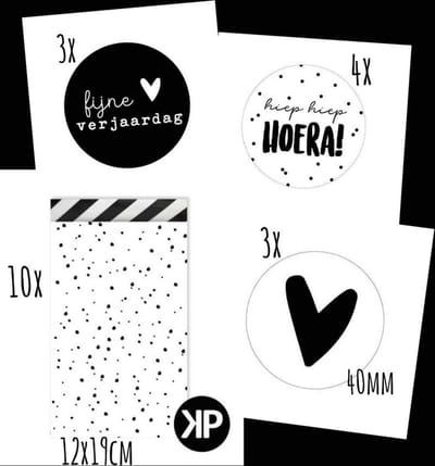 10 Cadeauzakjes en 10 Sluitstickers - cadeauzakjes - sluitstickers - stippen - zwart wit - 12*19cm - 40mm - 10 stuks - uitdelen - traktatie - cadeautje - zakjes - luxe inpakken