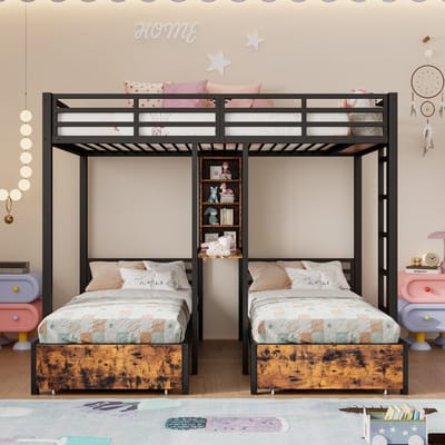 VVBV Kinderstapelbed 140x200 cm + 90x200 cm met Planken, 2 Lades - Zwart - Zonder Matras