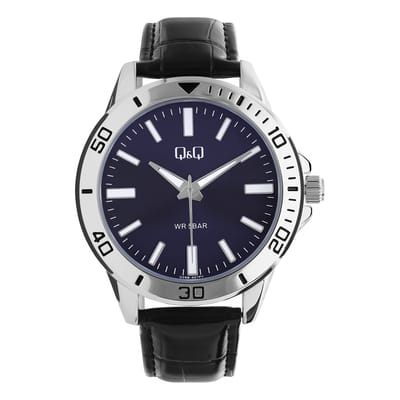 Q&Q Q28B-007PY - Horloge - Analoog - Heren - Mannen - Leren band - Rond - Metaal - Zwart - Zilverkleurig - DonkerBlauw - 5 ATM