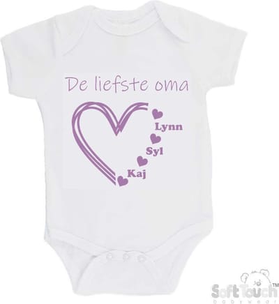 100% katoenen Romper "De liefste oma met de namen van 3 kleinkinderen" Meisjes Katoen Wit/lila Maat 62/68