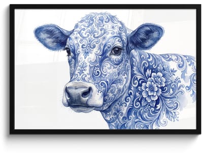 Poster in lijst - Fotolijst 90x60 cm - Posters - Illustratie - Koe - Blauw - Posterlijst zwart - Decoratie - Wanddecoratie woonkamer - Muurdecoratie slaapkamer