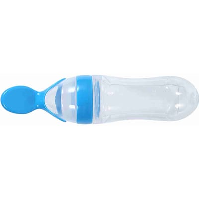 1 Stuk 90ml Siliconen Baby Peuter Voeding Fles met Lepel Vers Voedsel Granen Knijp Voeder Heet blue