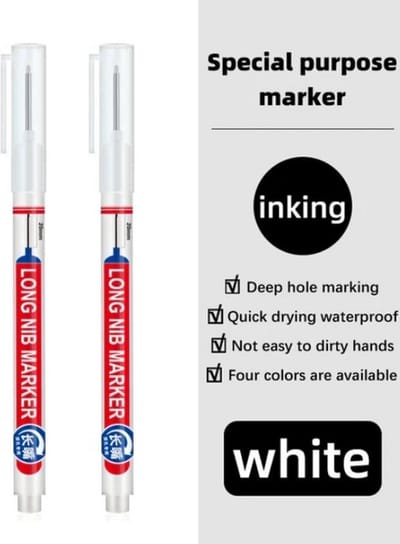TLVX 2 stuks Verlengde Permanent Marker Wit – Markeerstift - Markeer Timmerman potlood inkt – Bouw Markering stift – Timmermanspen - 20mm Long Tip Marker – Diep gat marker – Teken Hout, Metaal, Glas, Spiegel, Tegels, Beton – Witte inkt