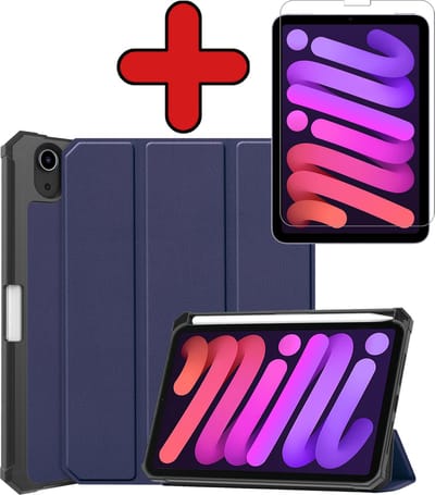 Hoesje - Geschikt voor Apple iPad Mini 6 (2021) - 8.3 inch - 6e Generatie - Met Screenprotector - Trifold Bookcase Hoes - Hard Cover Case - Met Uitsparing Geschikt voor Apple Pencil - Hardcover Book - Tablethoes - Donkerblauw
