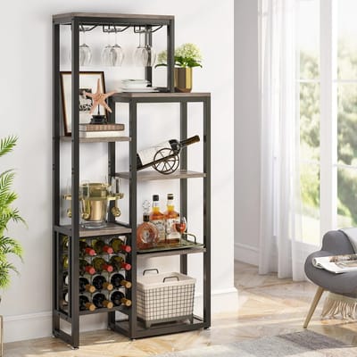Wijnrek - Wijnkast - Drankkast - Bar - Staand - Grijs - Zwart - Hout - Metaal - Industrieel - 175x80x30cm