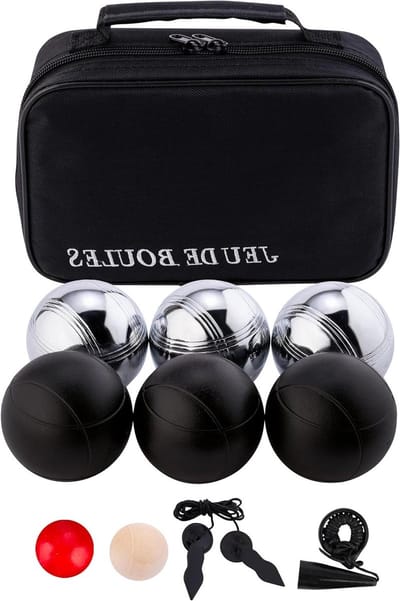 Bouleset - Petanque set Jeu de boules - Buitenspellen - Inclusief krik en meetlijn - 74 mm - Zwart en zilver