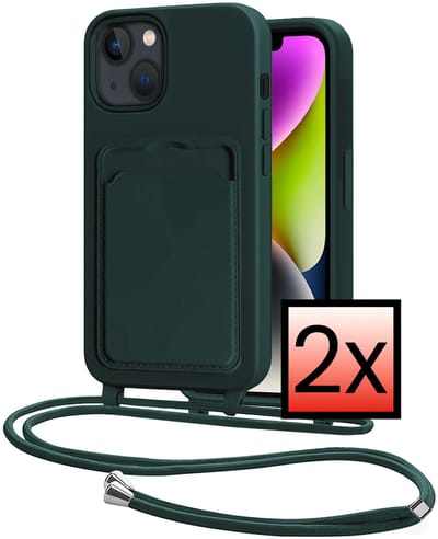 Hoes Geschikt voor iPhone 13 Hoesje Pasjeshouder Cover Met Koord Case Siliconen Hoes Met Telefoonkoord en Kaarthouder - Donkergroen - 2 PACK