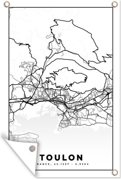Muurdecoratie Stadskaart - Frankrijk - Toulon - Kaart - Plattegrond - Zwart wit - 120x180 cm - Tuinposter - Tuindoek