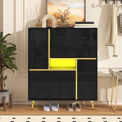 REDOM - Schoenenkast - Hoogglansfront En Led-Verlichting - Modern - Voor Hal - Spaanplaat - Zwart - 80 X 25 X 96 Cm