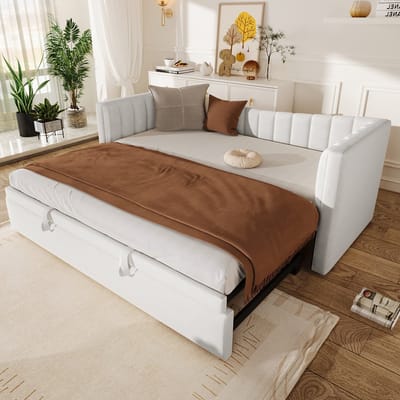 DESMIU Dagbed 90x200cm Met Trekbed - Gestoffeerd Bed Met Verstelbare Slaapplaats - Voor Woonkamer En Slaapkamer - Fluweel - Wit - Zonder Matras