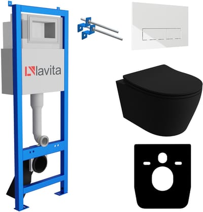 LAVITA® Inbouwreservoir Complete Toiletset LAV 101 - Inbouw WC Hangtoilet Wandcloset PRAIA BLACK Zwart Mat - Bedieningsplaat 200.3.1 Wit - Voorwandelement voor toilet 40cm - Installatiesysteem
