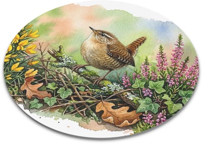 Ronde Muismat "Aquarel Series" Winterkoning in de Natuur - Hollands Tuinvogel Cadeau Artikel voor haar: Vrouw, Vriendin & Collega - Lieve Vogelprint Bureau Accessoire voor Thuiswerkplek & Kantoor - Decoratieve Computermuis Mat