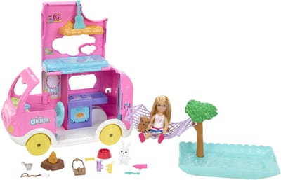 Barbie Chelsea Camper met hondje en konijn - Speelfigurenset