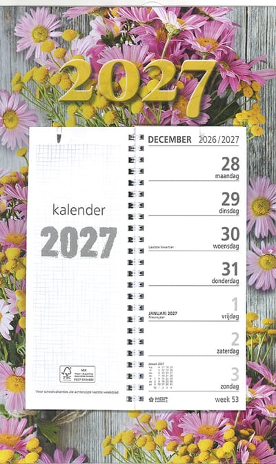 MGPcards - Omlegweekkalender 2027 - Week begint op maandag - 21 x 34 cm - Bloemen op hout - Roze - Geel