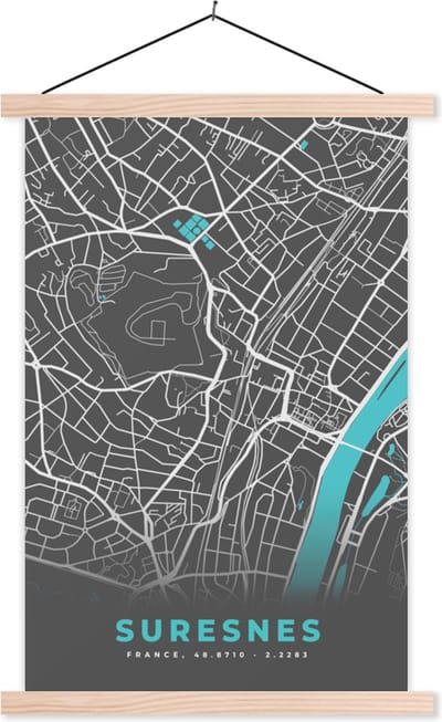 Posterhanger incl. Poster 40x60 cm - Schoolplaat - Suresnes - Kaart - Plattegrond - Stadskaart - Frankrijk - Textielposter - Blanke latten - Stadskaart