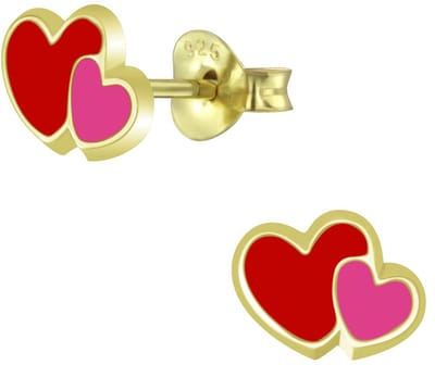 Joy|S - Zilveren hartje oorbellen - 9 x 6 mm - rood roze hartjes - gold plated