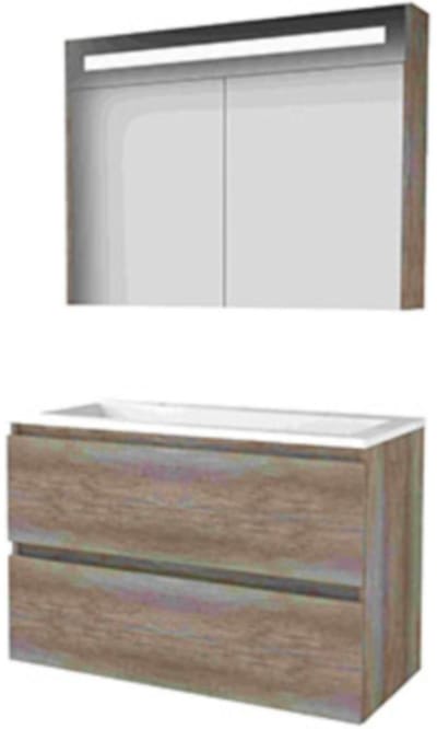 Basic-Line Premium 46 Badkamermeubelset - 100 x 46 cm - Greeploos - 2 Lades - Acryl Wastafel - 2 Kraangaten - Spiegelkast met LED Verlichting - Scotch Oak