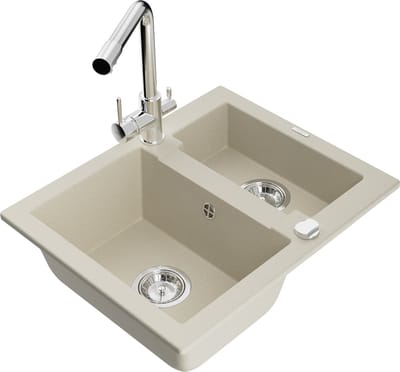 Mexen Carlos granieten spoelbak 1,5-komor met Duero keukenkraan, beige - 6518-69-671600-00