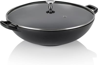 Gietijzeren wok - Roerbakpan met deksel - Gezond koken - Gelijkmatige warmteafgifte - 36 cm - Zwart